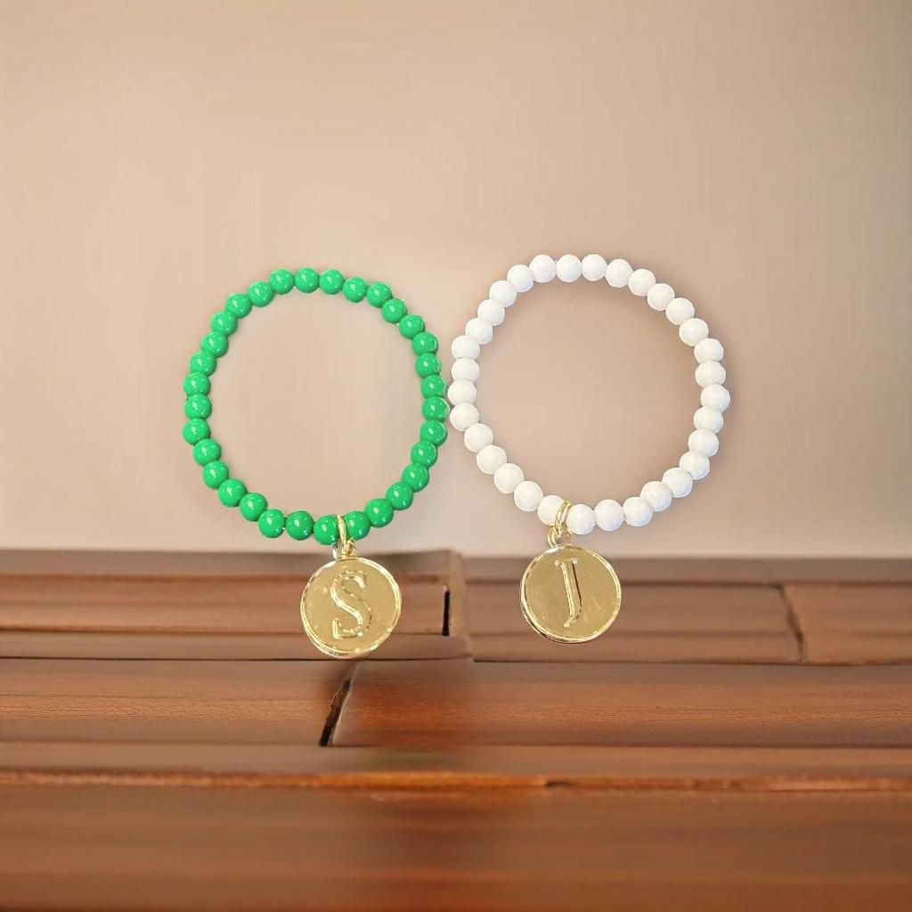 Green Beaded S &amp; White Beaded J Bracelet Combo