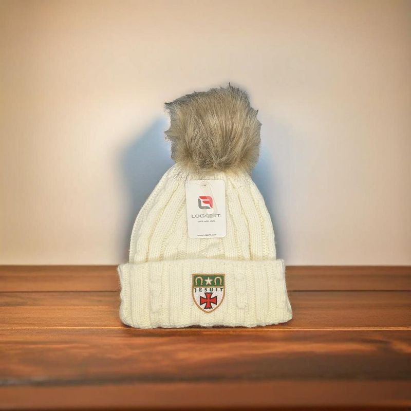 Cream Yarn Knit Beanie with Pom