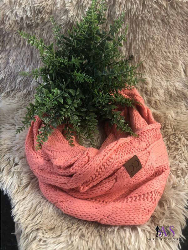 Cable Knit CC Beanie Infinity Scarf, Color: Coral