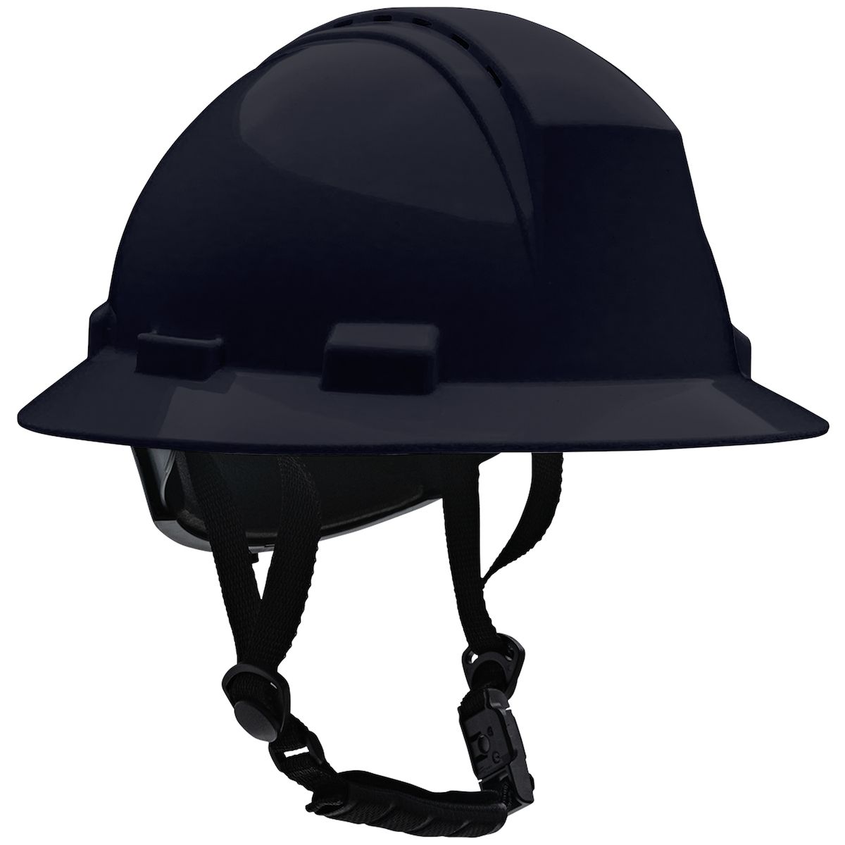 Kilimanjaro Type II Full Brim Safety Helmet with HDPE Shell, 4-Point Textile Suspension, Wheel Ratchet Adjustment Vented, With 4-Point Chinstrap, Color: Black