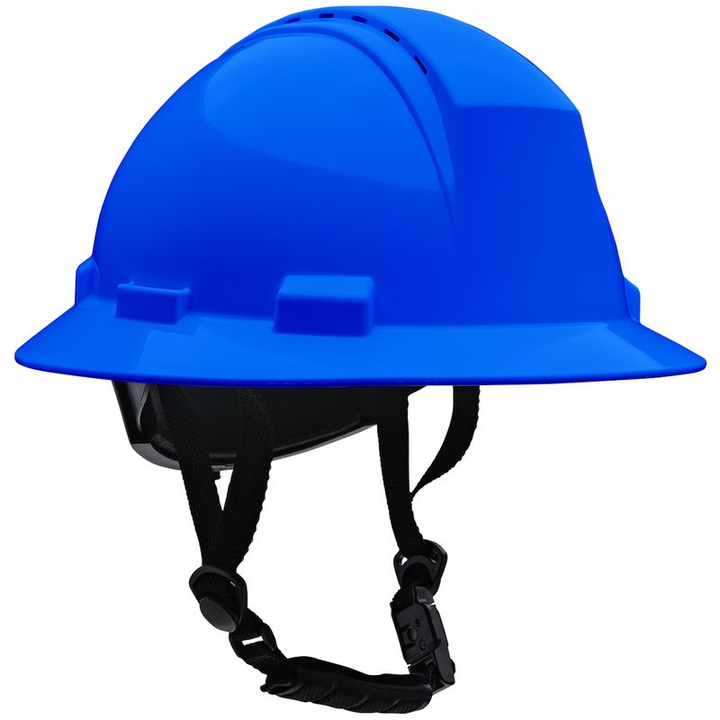 Kilimanjaro Type II Full Brim Safety Helmet with HDPE Shell, 4-Point Textile Suspension, Wheel Ratchet Adjustment Vented, With 4-Point Chinstrap