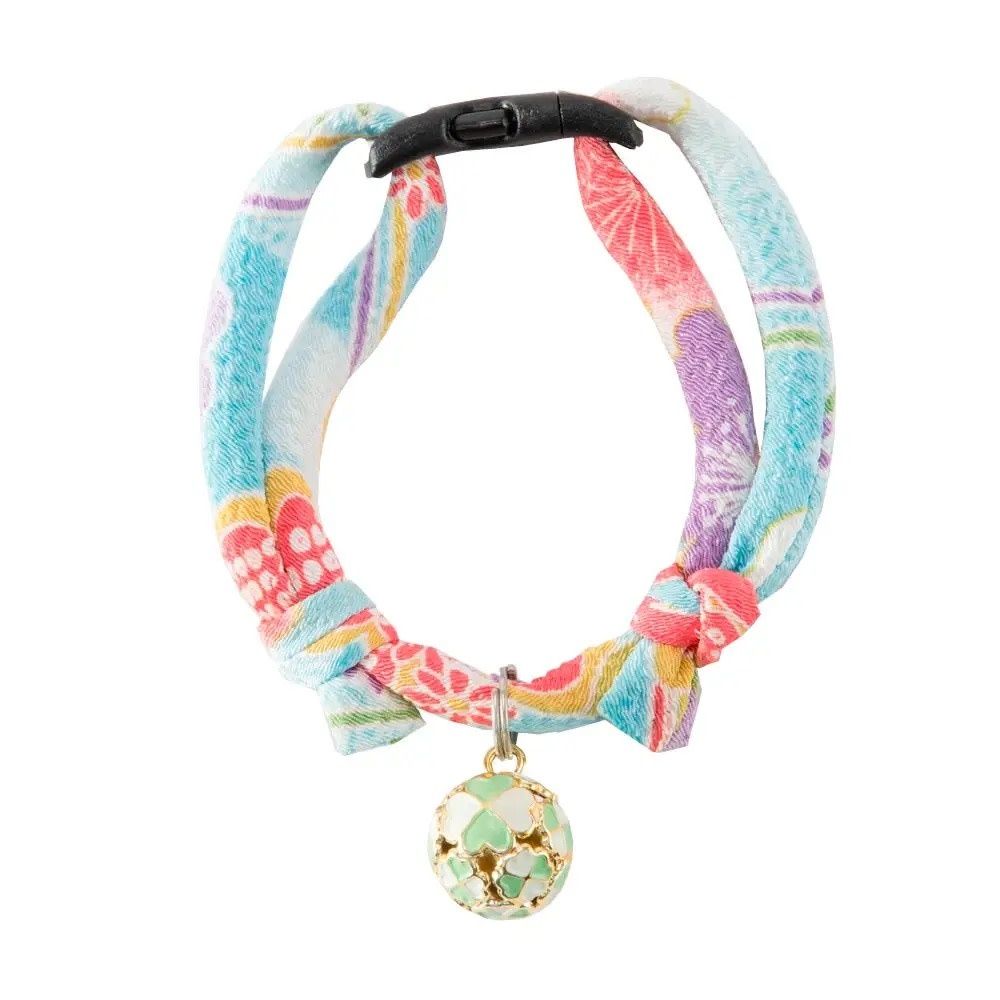 NECOICHI CHIRIMEN CAT COLLAR WITH CLOVER BELL BABY BLUE