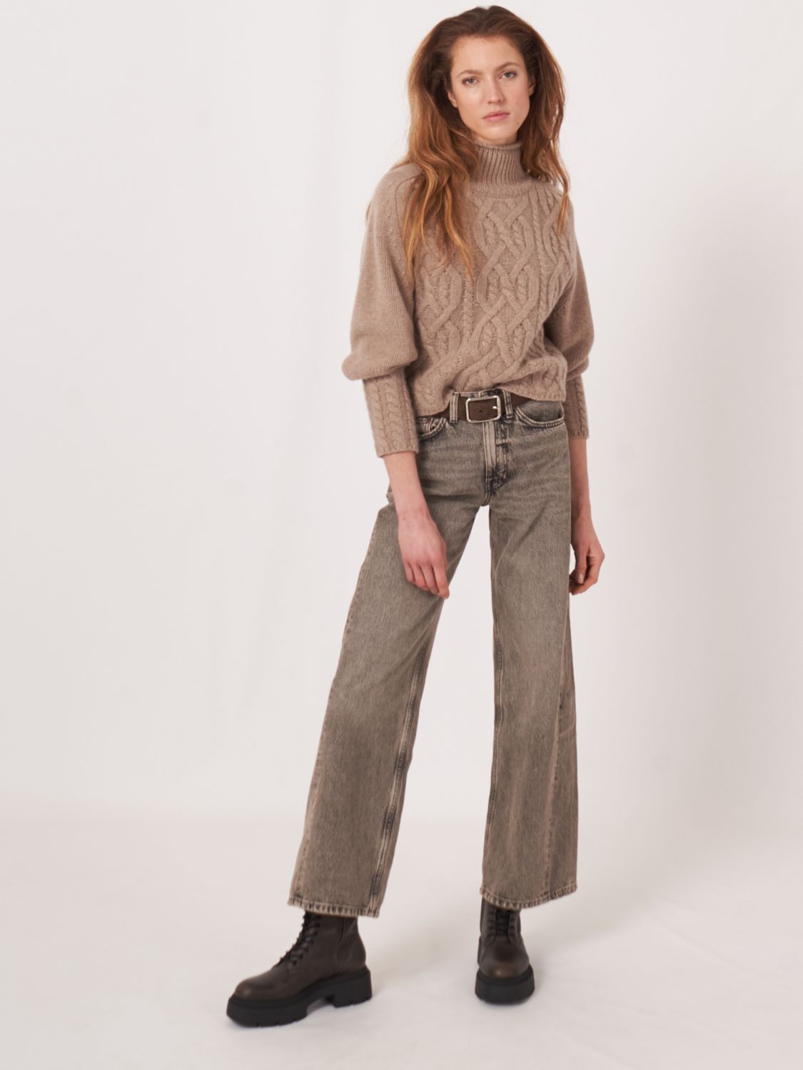 Rep-Cable Mockneck Cable Slv Sweater, Color: taupe, Size: XS