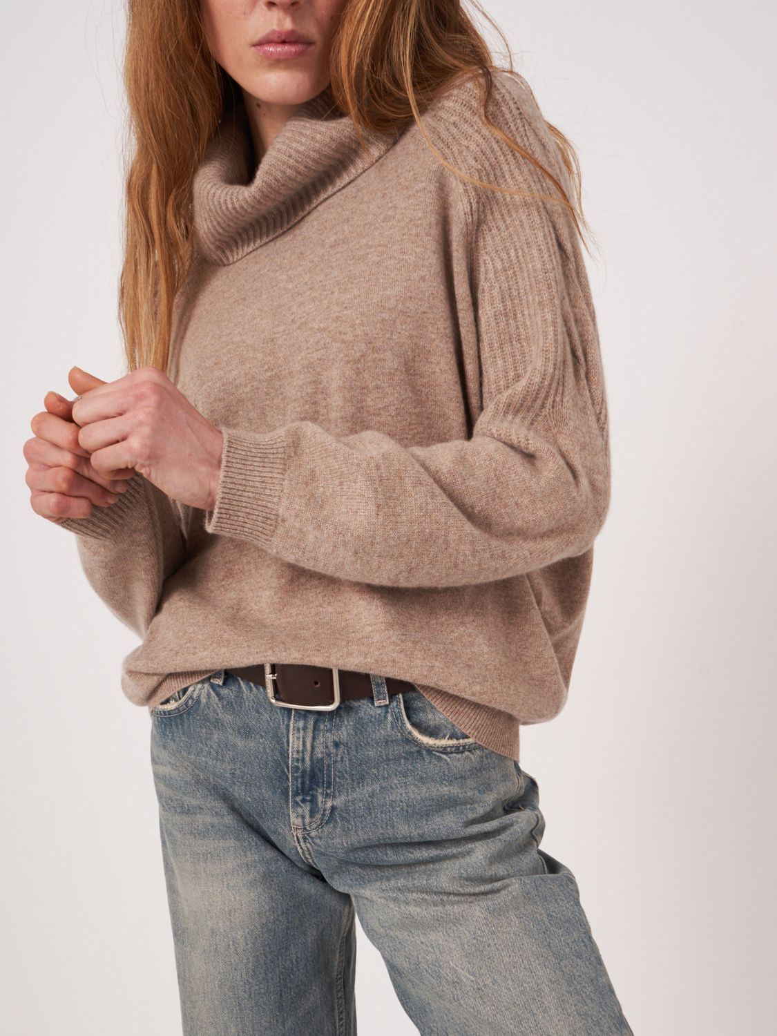 Rep-Loose T-Neck Rib LS, Color: taupe, Size: S