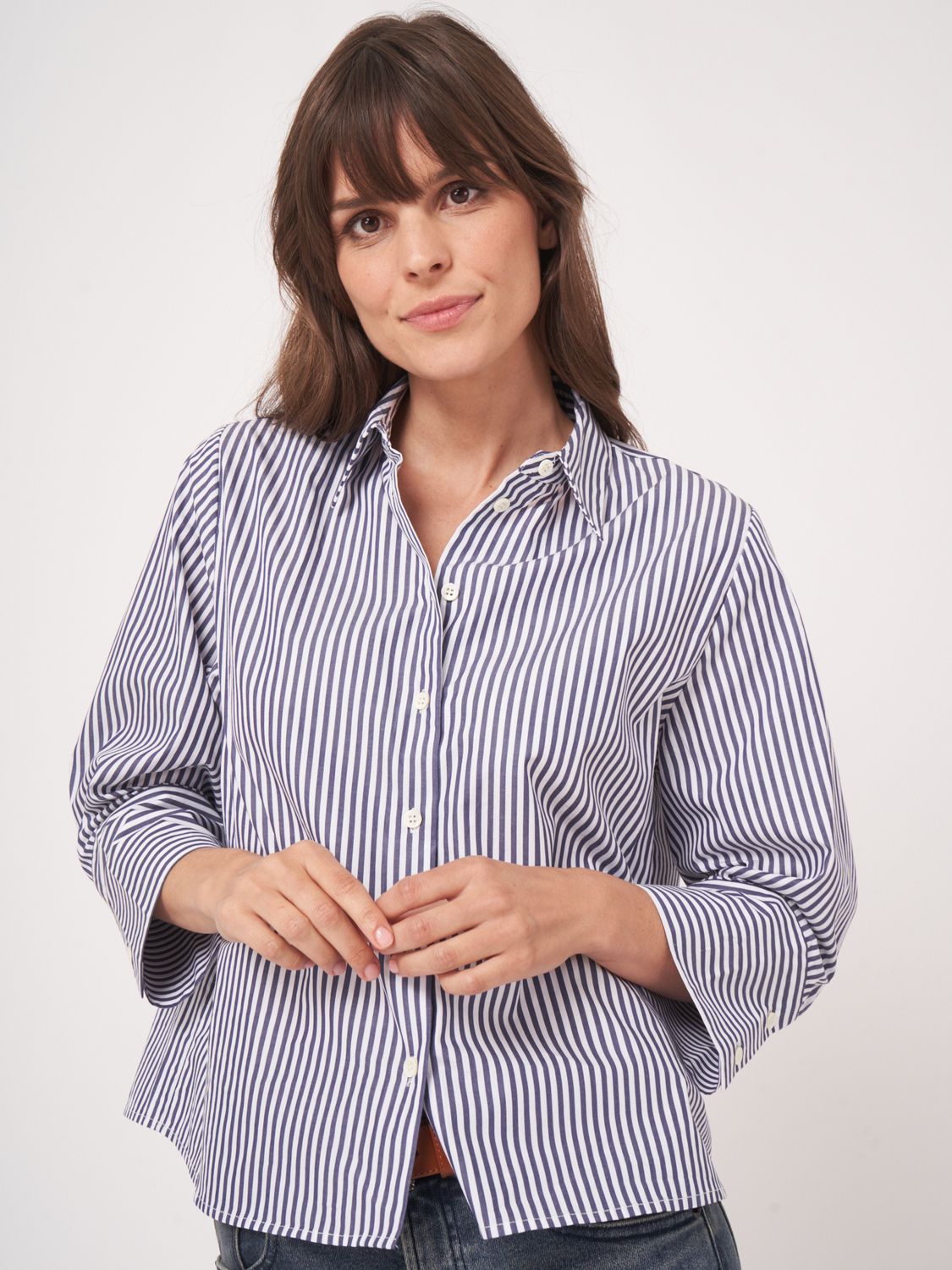 Repeat Cotton Pinstripe Shirt, Color: dark navy, Size: XXS
