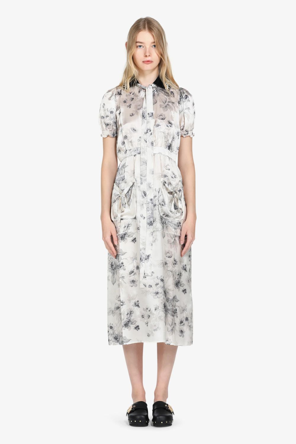 N21-Flower Print Silk Dress, Size: 42, Color: white/grey