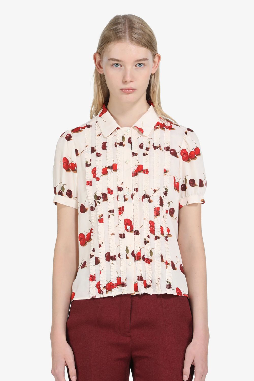 N21-Set Cherry Blouse &amp; Pleated Skirt, Size: 42, Color: ecru/red