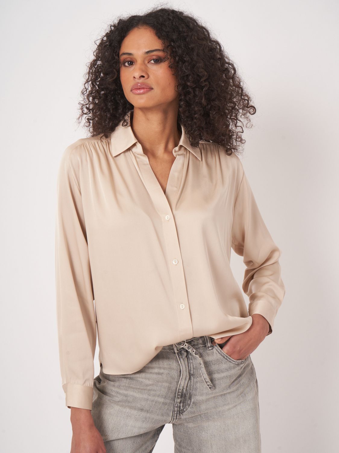 Rep-Silk Blouse LS Back Yoke Detail, Size: XS, Color: natural
