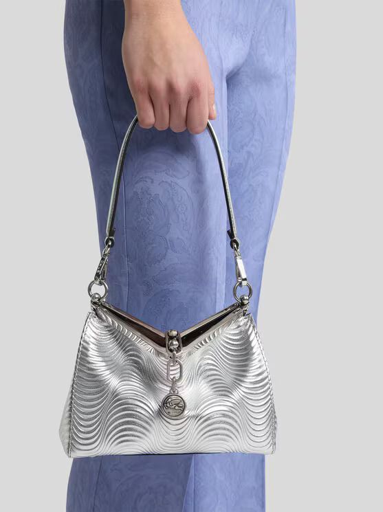 Etro-Shoulder Bag Laminated Leather Waves, Size: OS, Color: silver