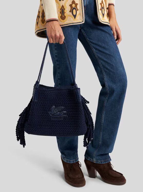 Etro-Small Shopping Libra Wool Fringes Handbag, Size: OS, Color: navy