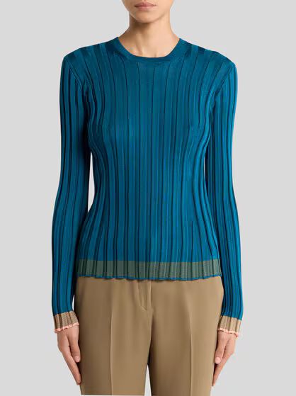 Etro-Knit Ribbed Top Colored Trim, Size: 40, Color: blue/green
