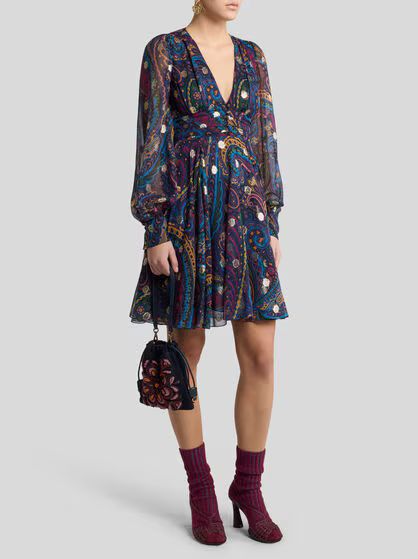 Etro-Mini Dress Silk Print, Size: 42, Color: blue