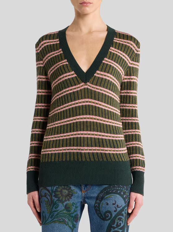 Etro-Knit V-Neck Pullover, Size: 40, Color: green/pink