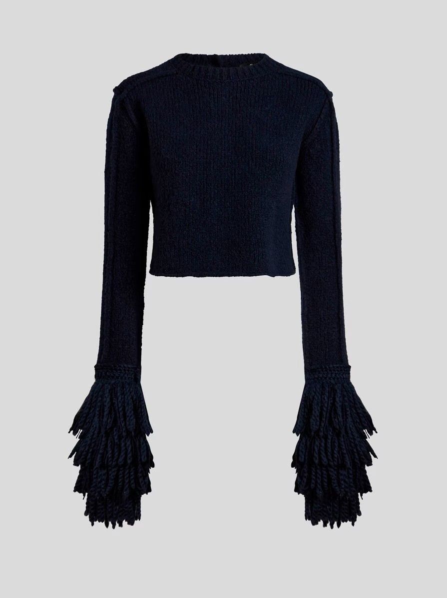 Etro-Knit Top Fringe Sleeves cuff, Color: blue, Size: 42