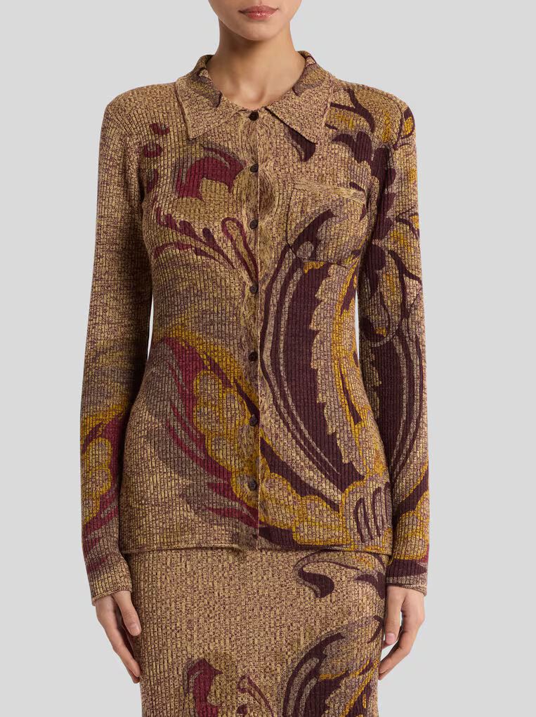 Etro-Knit Rib Polo Button Top, Color: beige/bordeaux, Size: 40