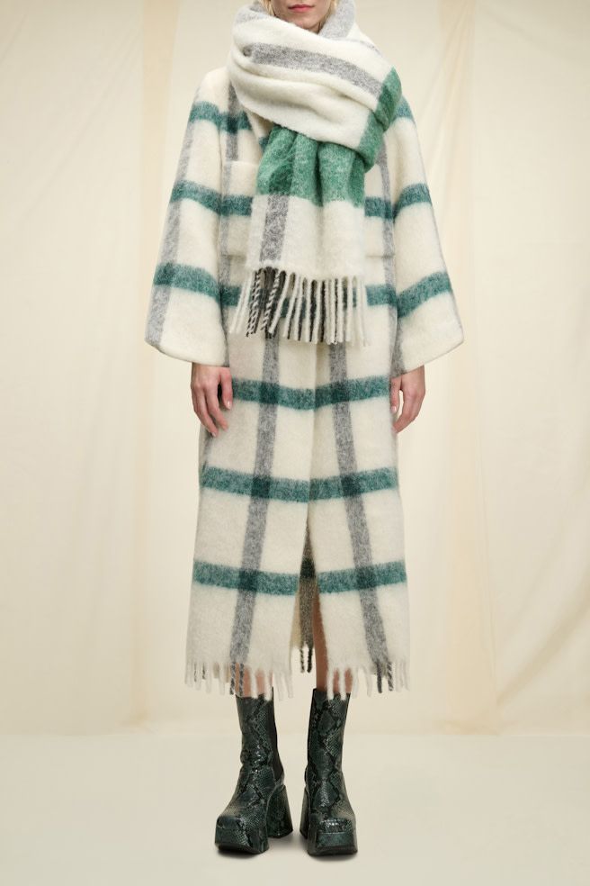 Schu-Checked Softness Coat &amp; Cozy Scarf, Color: green cream check, Size: 1