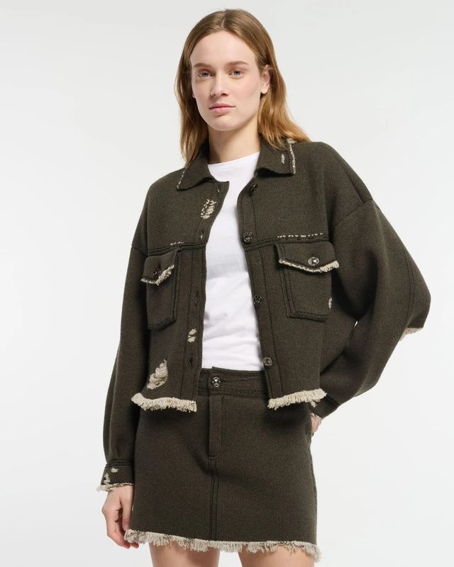 Bar-Denim Fringed Cropped Jacket