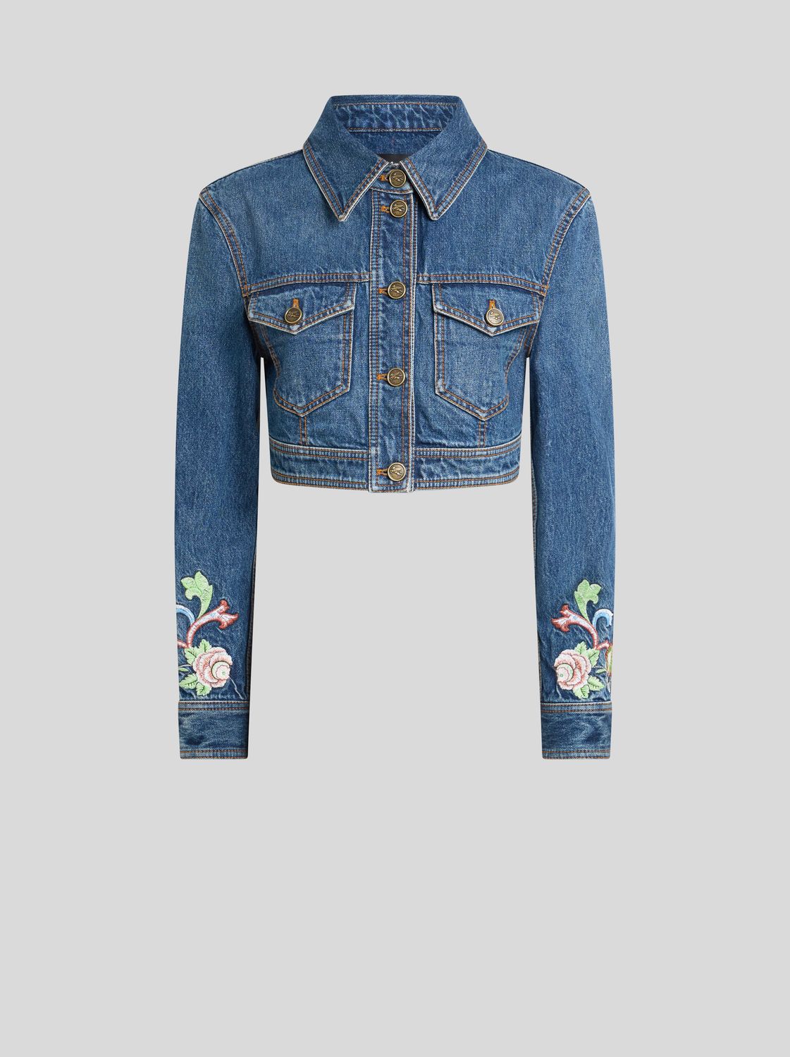 Etro-Cropped Denim Jacket Embroideries, Color: blue, Size: 42