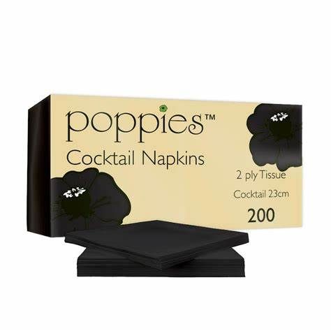 Poppies Cocktail Napkins 2 Ply Black - Case of 2000
