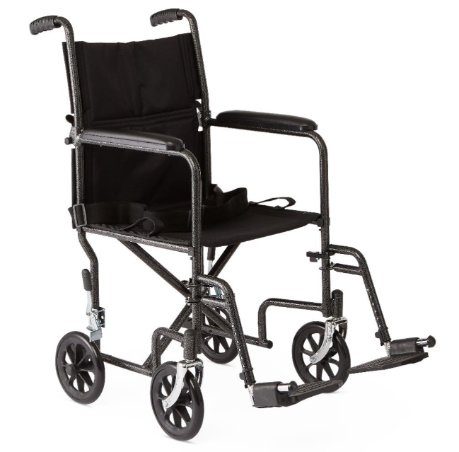 Basic Steel Transport Chair with Permanent Full-Length Arms and Swing-Away Footrests, 250 lb. Capacity, 19" Wide, Black