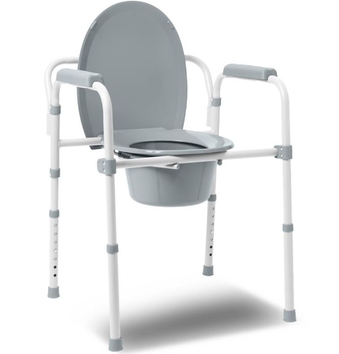 3-in-1 Folding Steel Elongated Commode, Includes Seat with Lid, Bucket, Armrests, and Splashguard
