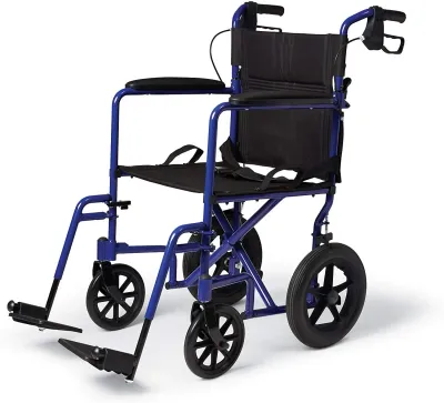 Basic Aluminum Transport Chair with Permanent Full-Length Armrests, Detachable Footrests and 8 Basic Aluminum Transport Chair with Permanent Full-Length Armrests, Detachable Footrests and 8" Wheels, 300 lb. Capacity, 19" W, Blue