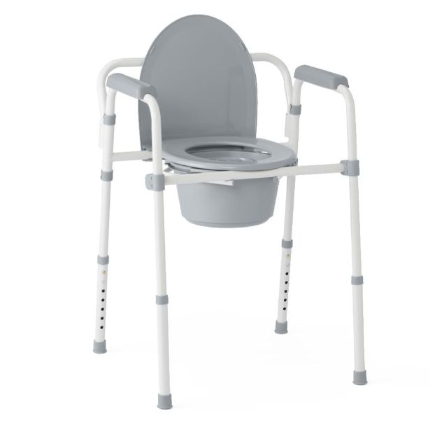 Steel 3-in-1 Folding Commode, Includes Seat with Lid, Bucket, Armrests, and Splashguard