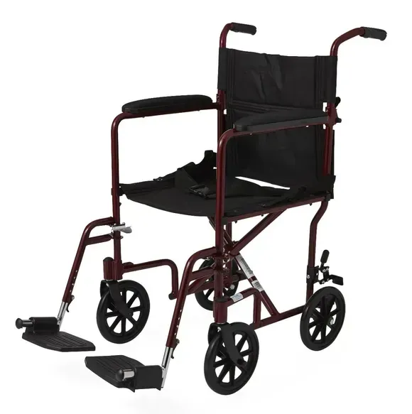 Basic Aluminum Transport Chair with Permanent Full-Length Armrests, Detachable Footrests and 8" Wheels, 300 lb. Capacity, 19" W, Red