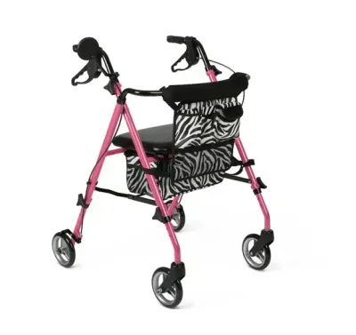 Posh Rollator with 6" Wheels, Pink with Zebra Print Bag & Side View Mirror