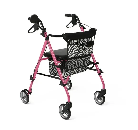 Posh Rollator with 6" Wheels, Pink with Zebra Print Bag & Side View Mirror