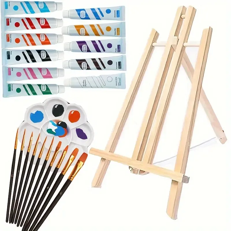 ​25-Piece Acrylic Paint Set for Artistic Exploration - 11 Colors (20 ml) of Vibrant Acrylic Watercolors, 10 Brushes, 1 Palette and 1 Wooden Easel