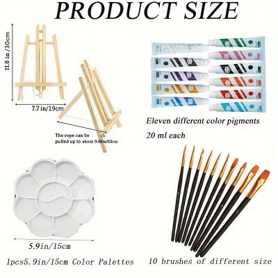​25-Piece Acrylic Paint Set for Artistic Exploration - 11 Colors (20 ml) of Vibrant Acrylic Watercolors, 10 Brushes, 1 Palette and 1 Wooden Easel