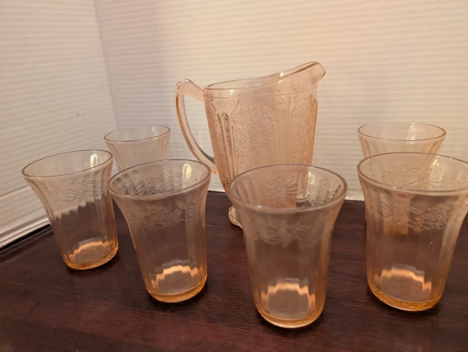 1930s Cherry Blossom Pink Depression Glass Pitcher with Six Glasses