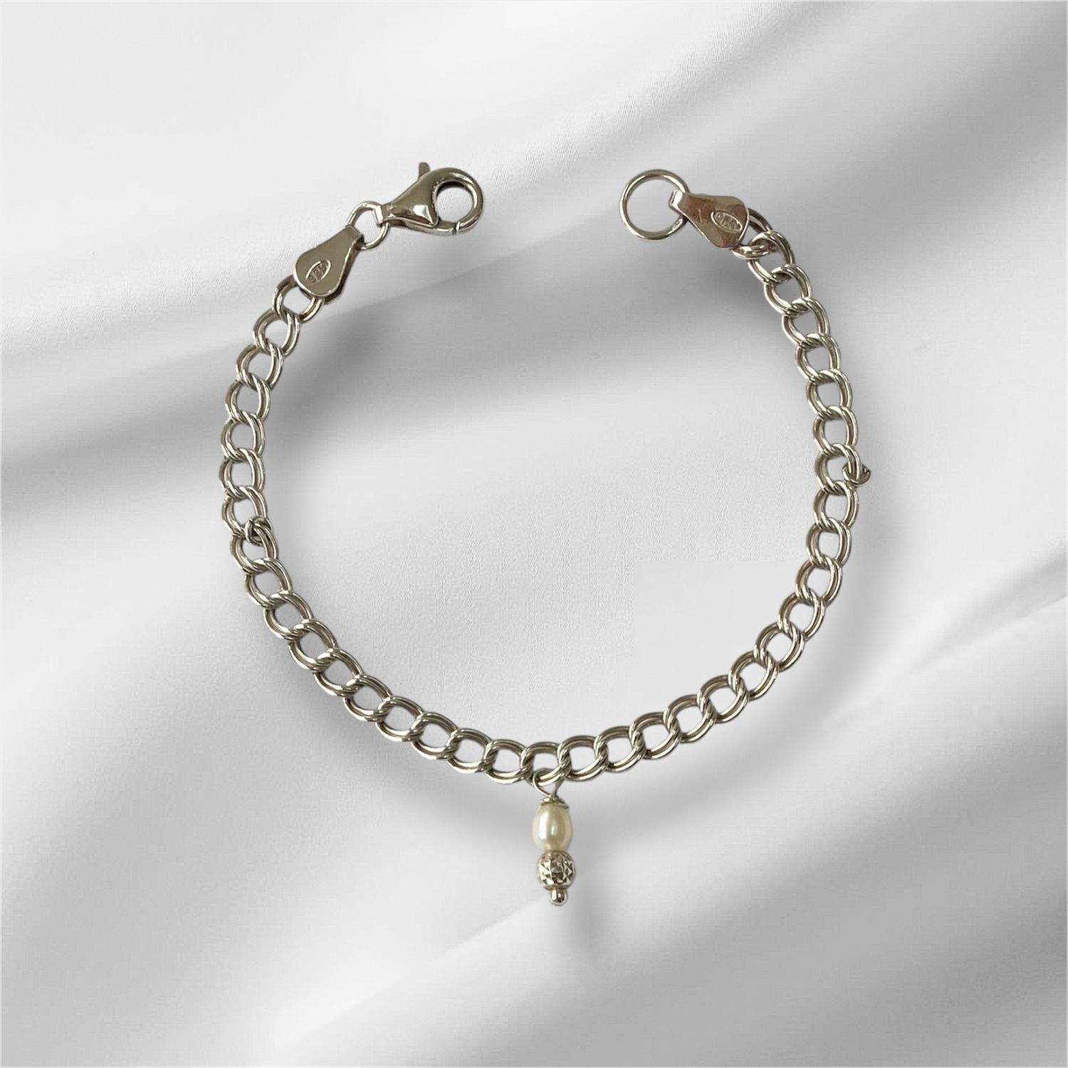 Silver Double curb chain dainty pearl Bracelet