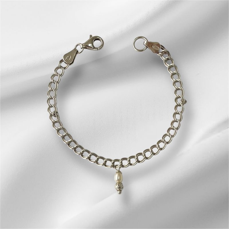 Silver Double curb chain dainty pearl Bracelet