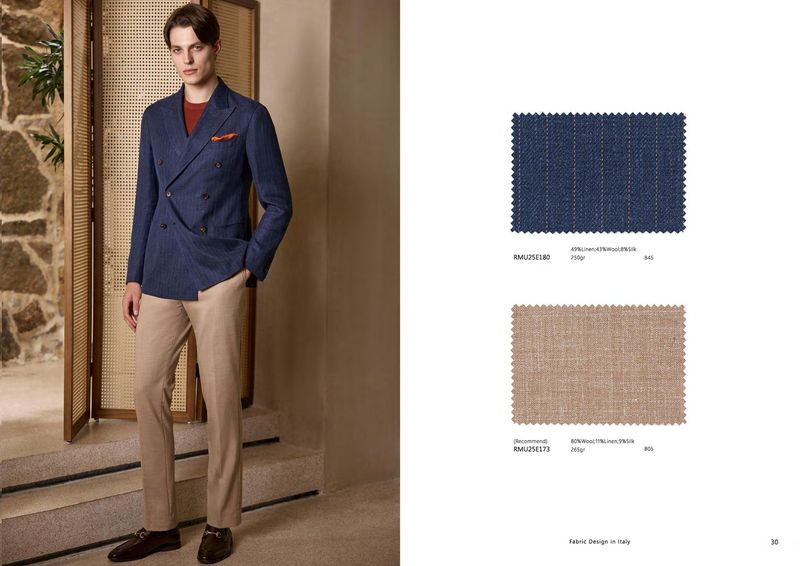 Tailored Blue Linen-Wool Double-Breasted Jacket &amp; Beige Trousers