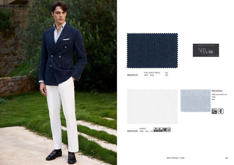 Navy Herringbone Double-Breasted Blazer &amp; Ivory Trousers
