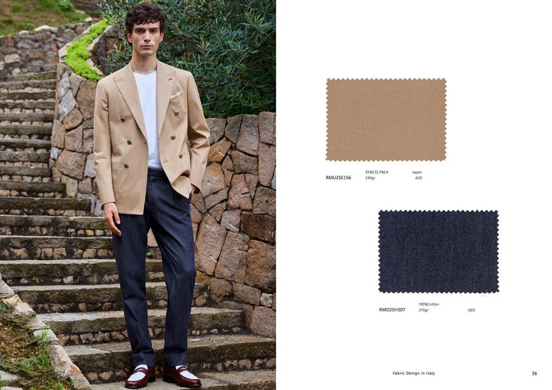 Sand Cotton Blazer with Denim Effect Trousers