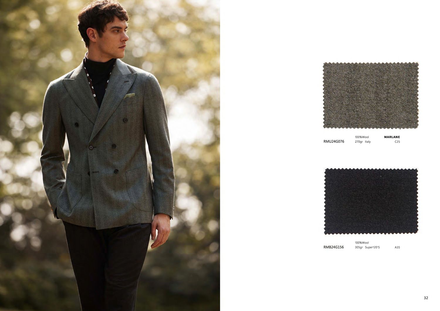 Green Herringbone Wool Double-Breasted Blazer &amp; Black Wool Trousers