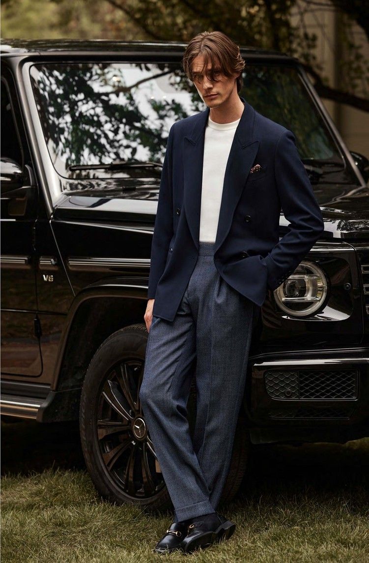 Navy Double-Breasted Blazer &amp; Textured Blue Trousers