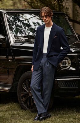 Navy Double-Breasted Blazer &amp; Textured Blue Trousers