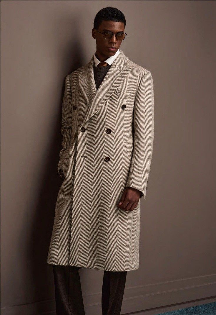 Double-Breasted Herringbone Wool Overcoat