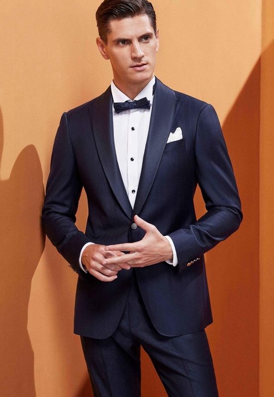 Navy Pinstripe Wedding Tuxedo – Classic Elegance with a Twist
