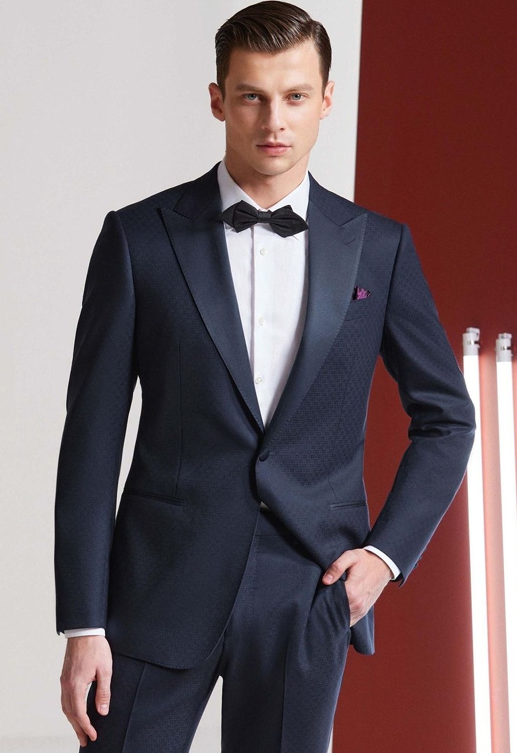 Midnight Blue Wedding Tuxedo – Textured Elegance with Satin Lapels