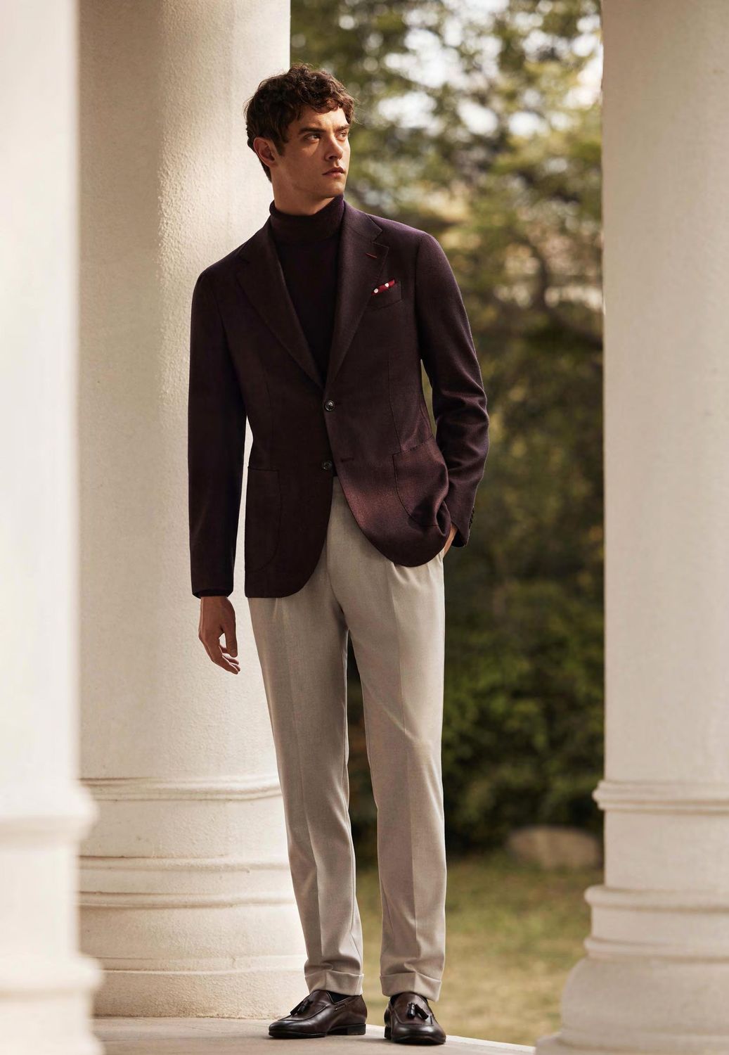 Burgundy Blazer with Ivory Trousers – Sophisticated Weekend Charm