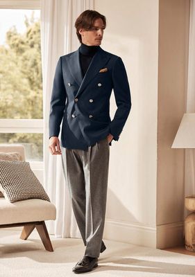 Navy Double-Breasted Blazer with Grey Trousers – Tailored Men&#39;s Look