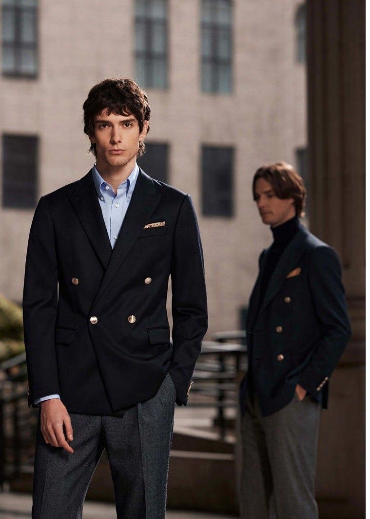 Navy Wool Double-Breasted Blazer &amp; Grey Wool Trousers