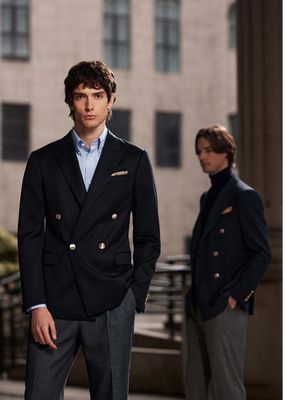 Navy Wool Double-Breasted Blazer &amp; Grey Wool Trousers