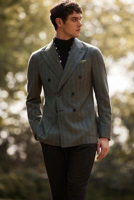 Green Herringbone Wool Double-Breasted Blazer &amp; Black Wool Trousers