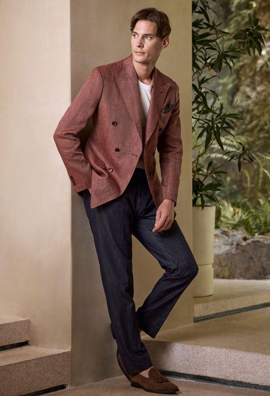Linen Double-Breasted Blazer &amp; Cotton Trousers Set